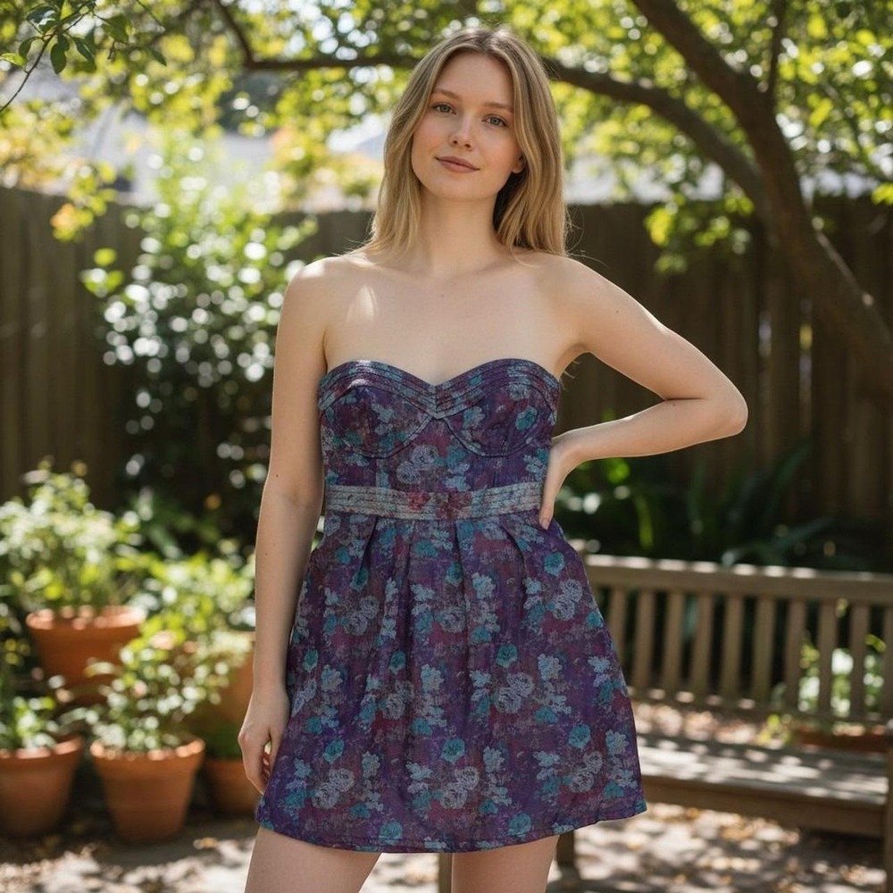 Free People Purple Floral Jacquard Strapless Mini Dress Size 6 Sweetheart Boho